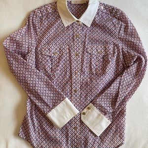 Tory Burch blouse, 100% cotton, blue/red geometric pattern, gold buttons